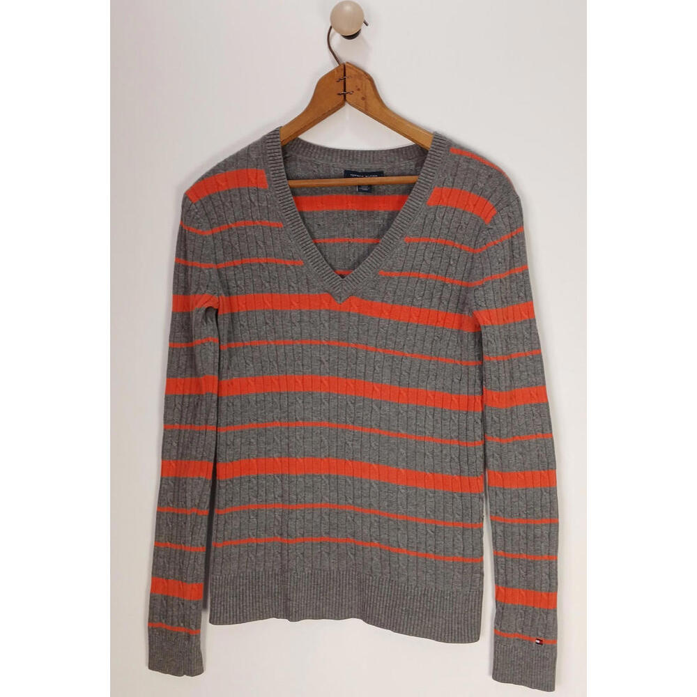 Tommy Hilfiger Womens XS V Neck Cotton Sweater Gray Orange Striped